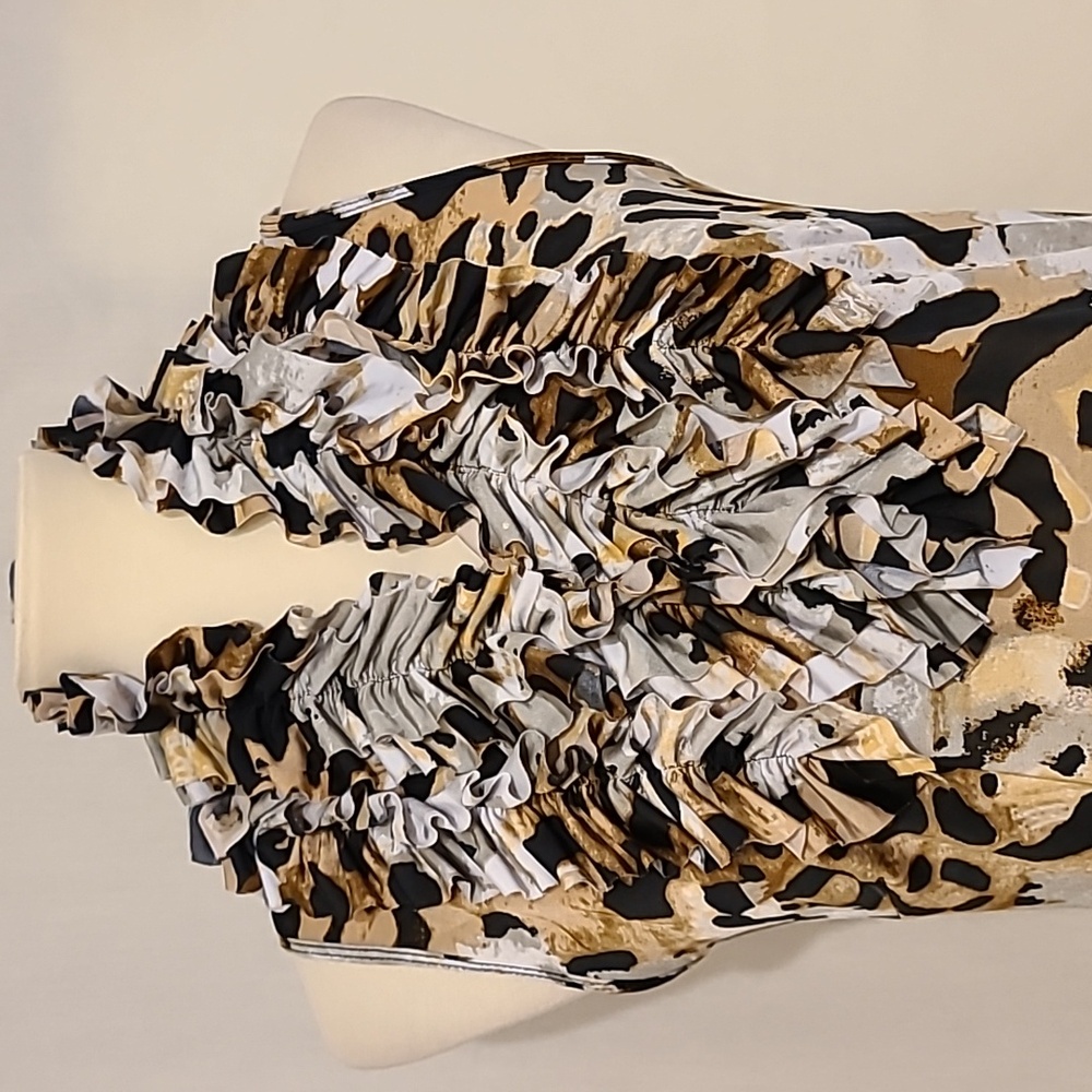 Milano Amimal Print Ruffle Neckline Sleeveless Top - Picture 5 of 6
